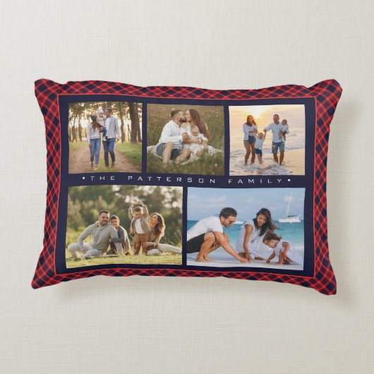 家族の名前5フォトコラージュ赤いプレイドモダン アクセントクッション (裏面)