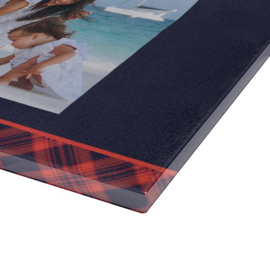 家族の名前5フォトコラージュ赤いプレイドモダン カッティングボード (角)