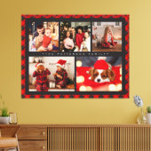 家族の名前5フォトコラージュ赤いプレイドモダン キャンバスプリント (インサイチュ (リビング))