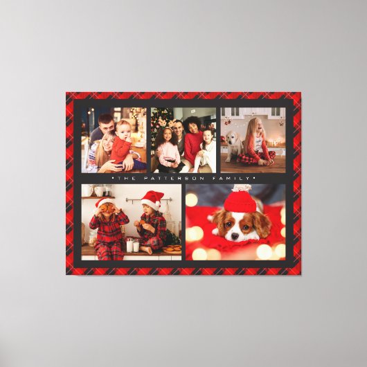 家族の名前5フォトコラージュ赤いプレイドモダン キャンバスプリント (正面)