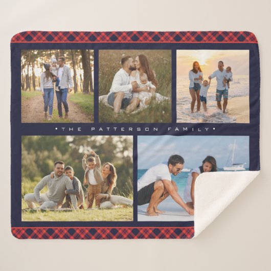 家族の名前5フォトコラージュ赤いプレイドモダン シェルパブランケット (正面(横))