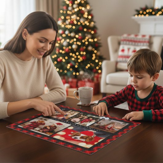家族の名前5フォトコラージュ赤いプレイドモダン ジグソーパズル