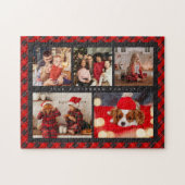 家族の名前5フォトコラージュ赤いプレイドモダン ジグソーパズル (横)