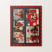 家族の名前5フォトコラージュ赤いプレイドモダン ジグソーパズル (縦)