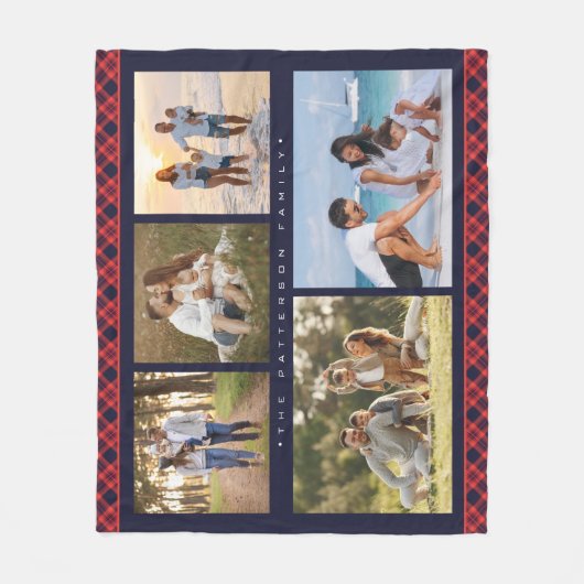 家族の名前5フォトコラージュ赤いプレイドモダン フリースブランケット (正面)