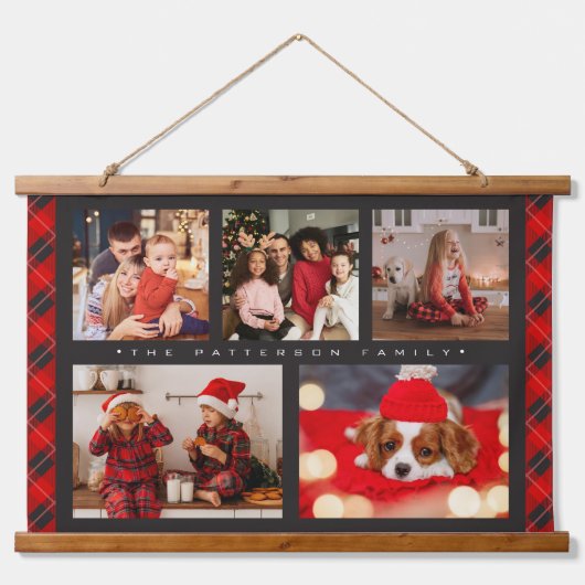 家族の名前5フォトコラージュ赤いプレイドモダン 吊り下げ型タペストリー (正面)