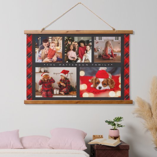 家族の名前5フォトコラージュ赤いプレイドモダン 吊り下げ型タペストリー (寝室)