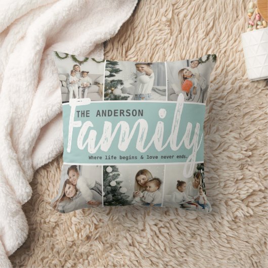 家族の名前、写真のコラージュと引用文 クッション (ブランケット)