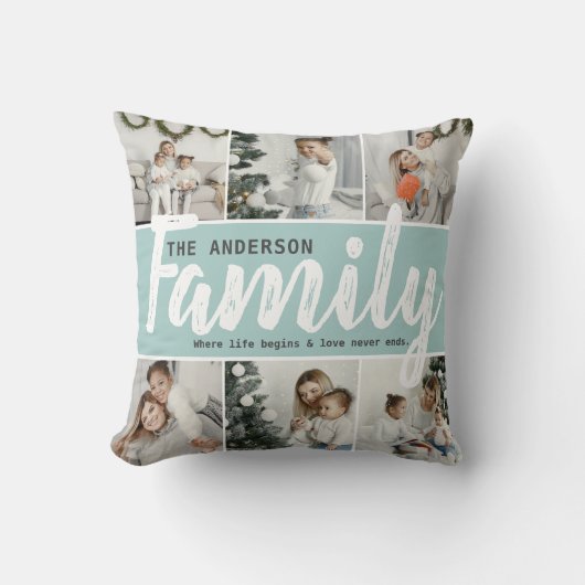 家族の名前、写真のコラージュと引用文 クッション (正面)