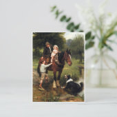 家族の子供のコリー犬の馬の男の子の女の子 ポストカード (スタンド正面)