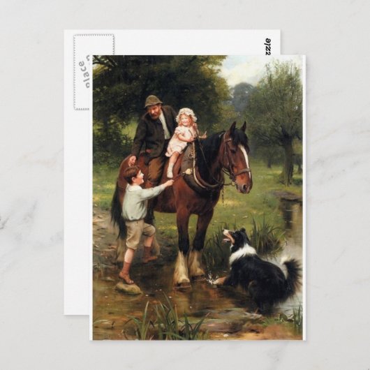 家族の子供のコリー犬の馬の男の子の女の子 ポストカード (正面/裏面)