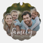 家族の平和ラブジョイカスタムクリスマスフォト文字 オーナメントカード (正面)