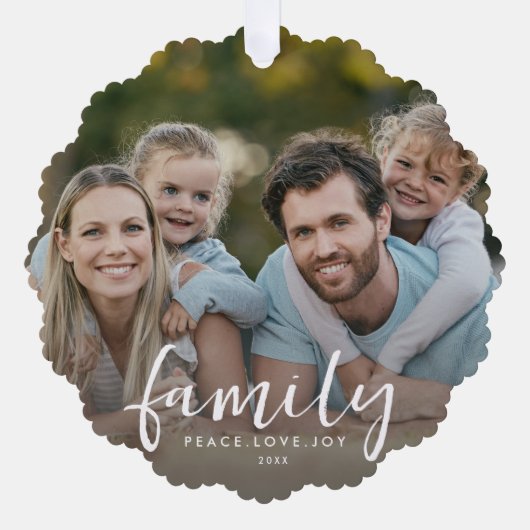 家族の平和ラブジョイカスタムクリスマスフォト文字 オーナメントカード (正面)