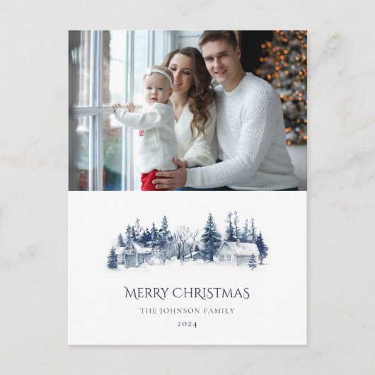 家族の年次報告青いクリスマス冬の写真 ポストカード (正面)