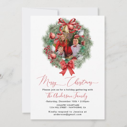 家族の幸せな写真フレームのクリスマスパーティー 招待状 (正面)