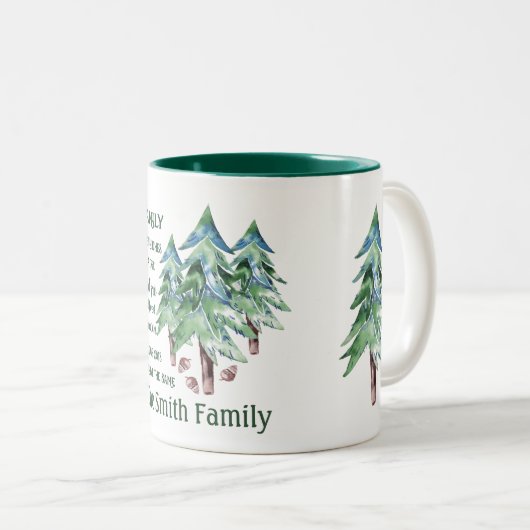 家族の引用文の美しい水彩画の松の木 ツートーンマグカップ (正面右)
