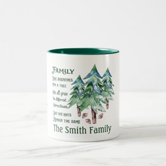 家族の引用文の美しい水彩画の松の木 ツートーンマグカップ (中央)