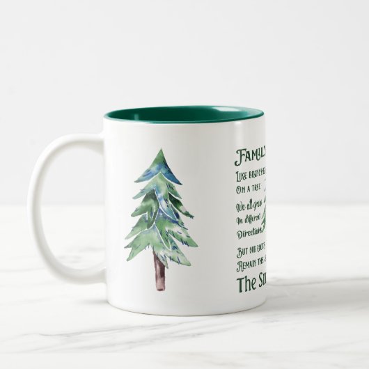 家族の引用文の美しい水彩画の松の木 ツートーンマグカップ (左)