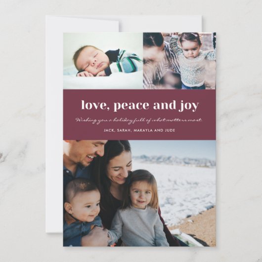 家族の愛の平和と喜び写真ホリークリスマス シーズンカード (正面)