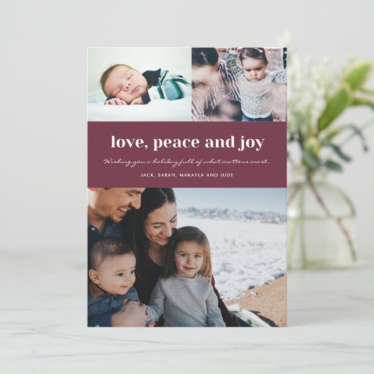 家族の愛の平和と喜び写真ホリークリスマス シーズンカード (スタンド正面)