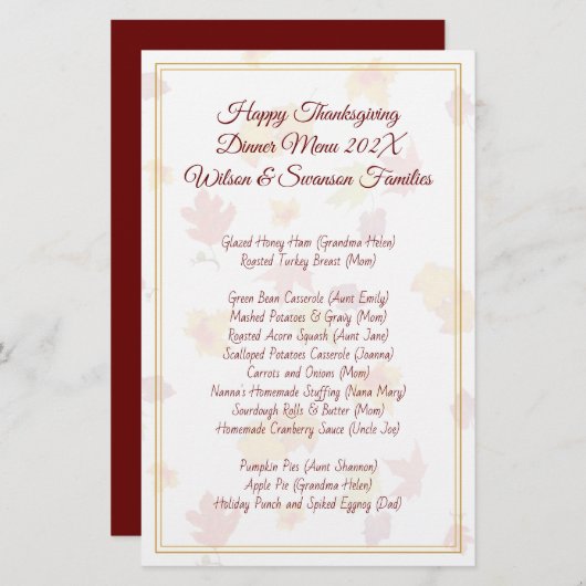 家族の感謝祭ディナーメニューシェフ名 (正面/裏面)