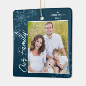 家族の手書き写真ブルークリスマス セラミックオーナメント (左)