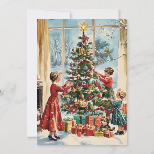 家族の木飾のヴィンテージレトロクリスマス シーズンカード (正面)