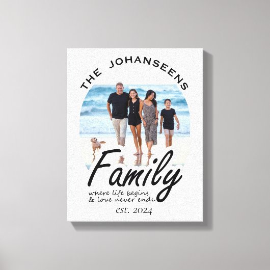 家族の生活の愛の引用文写真とブラックスクリプト名 キャンバスプリント (正面)