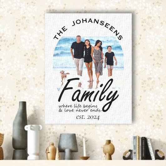 家族の生活の愛の引用文写真とブラックスクリプト名 キャンバスプリント