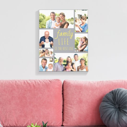 家族の生活引用文7フォトコラージグレイと黄色 キャンバスプリント (インサイチュ (リビング))