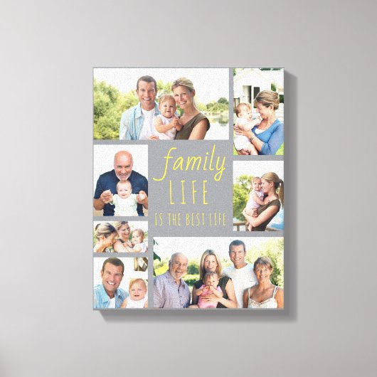 家族の生活引用文7フォトコラージグレイと黄色 キャンバスプリント (正面)