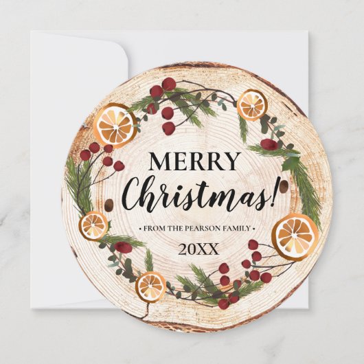 家族の素朴写真木楽しいクリスマスの葉 招待状 (正面)