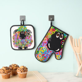 家族の美しい虹の羊 鍋つかみ&鍋敷きセット