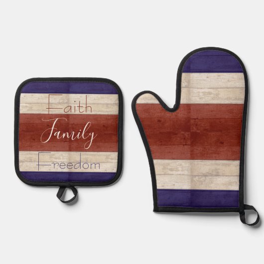 家族の自由に愛国心のある木材 鍋つかみ&鍋敷きセット (正面)