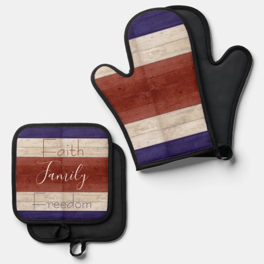 家族の自由に愛国心のある木材 鍋つかみ&鍋敷きセット (正面/裏面)