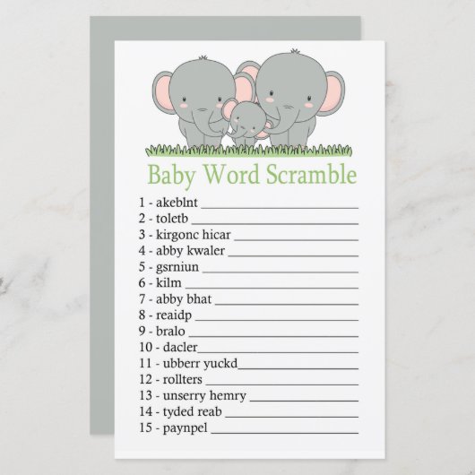 家族の象のベビー単語スクランブルゲーム (正面/裏面)