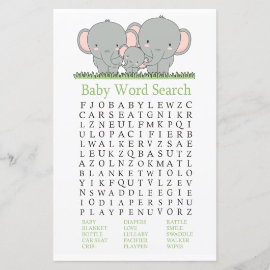 家族の象の赤ちゃんシャワー単語検索ゲーム (正面)