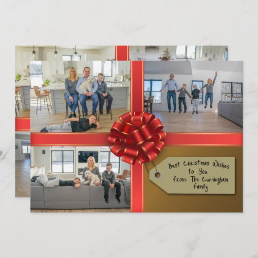 家族の贈り物 リボンで包んだ写真カード シーズンカード (正面/裏面)