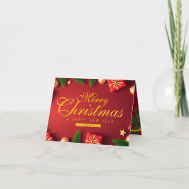 家族の赤と金のクリスマスとツリーリボン サンキューカード