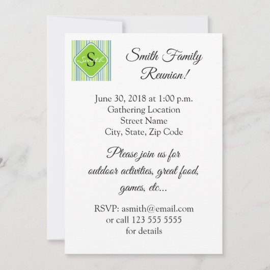 家族の集まり 青と緑のストライプ 招待状 (正面)