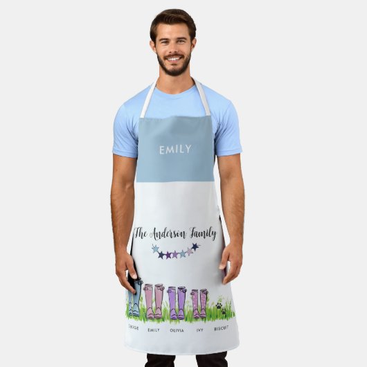 家族の雨のブーツ、ウェリントンかわいいギフトおもしろいデコール エプロン (着用した状態)