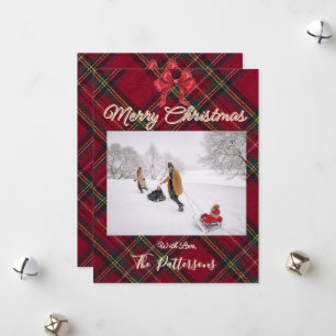 家族の雪の写真チェック柄クリスマスカード シーズンカード