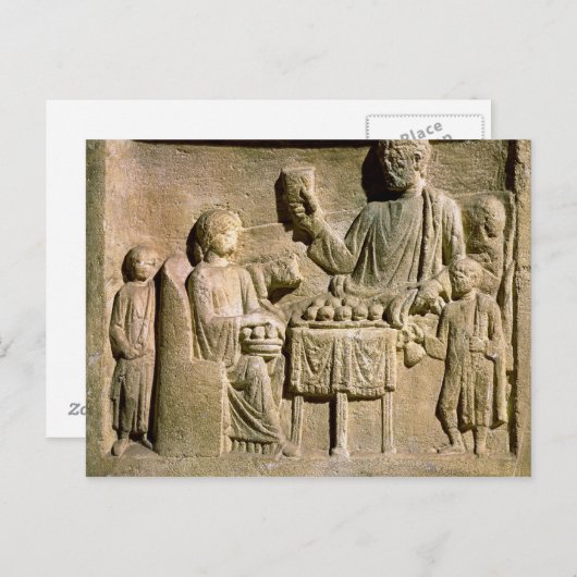 家族の食事を描いたレリーフ、 浮き彫り ポストカード (正面/裏面)