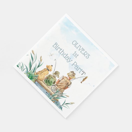 家族の魚釣り旅行:男の子の1歳の誕生日 スタンダードランチョンナプキン (角)