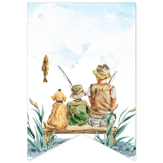 家族の魚釣り旅行:男の子の1歳の誕生日 バンティングフラッグ (第1の旗)