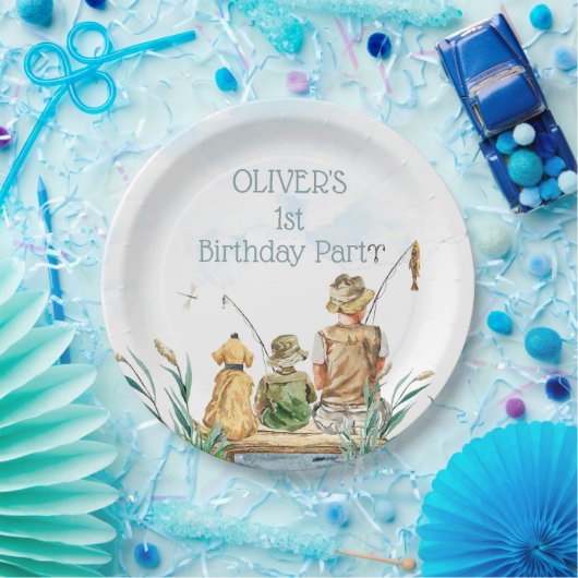 家族の魚釣り旅行：男の子の1歳の誕生日 ペーパープレート (パーティー)