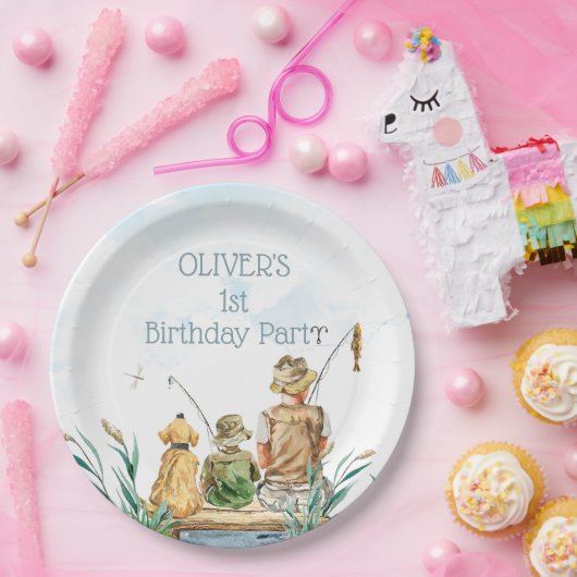 家族の魚釣り旅行:男の子の1歳の誕生日 ペーパープレート (パーティー)