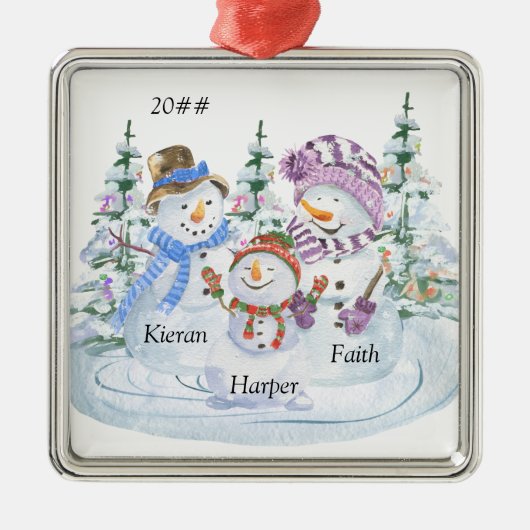 家族の3かわいい雪だるまパーソナライズされたクリスマス メタルオーナメント (正面)