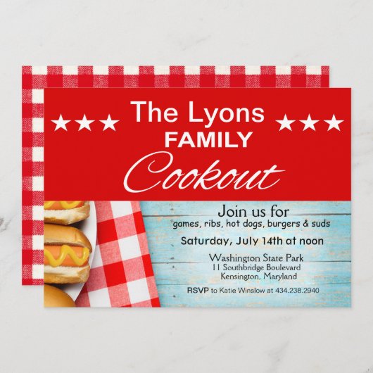 家族のCookoutのピクニック|の赤く及び白いギンガム 招待状 (正面/裏面)