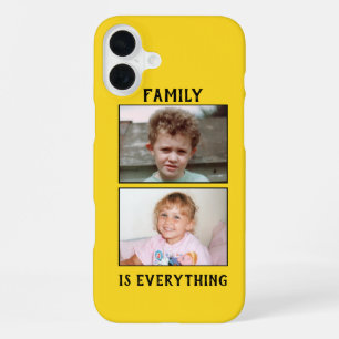 家族はすべてです 2枚の子供たちの写真 イエロー iPhone 16 PLUSケース